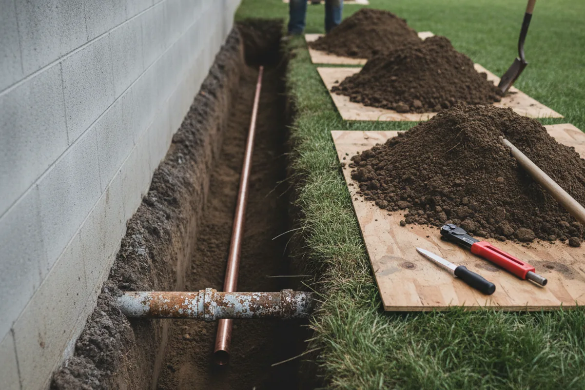 Excavated water line trench during Water Heater Repair in East Chicago